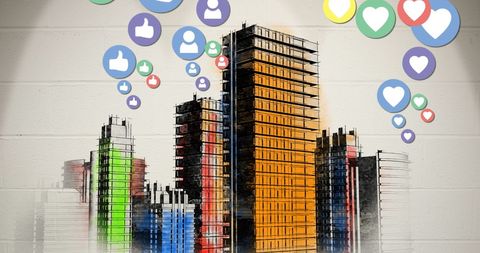 Digital Social Media Icons Over Vibrant Cityscape