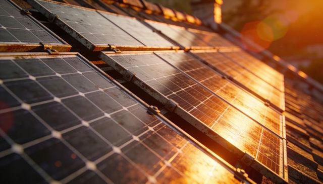 Sunlit solar panels reflecting golden sunset on rusted roof mounting, rails and lens flare