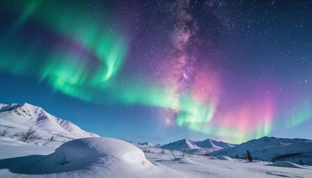 Dancing aurora borealis and milky way illuminating snow-covered arctic valley