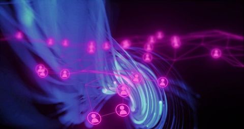 Neon network visualization with pulsing user nodes, glowing links and flowing data stream