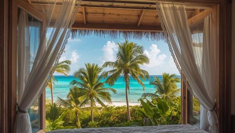 Open Wooden Bungalow Window Framing Turquoise Ocean, Palm Trees and White Sand Beach View