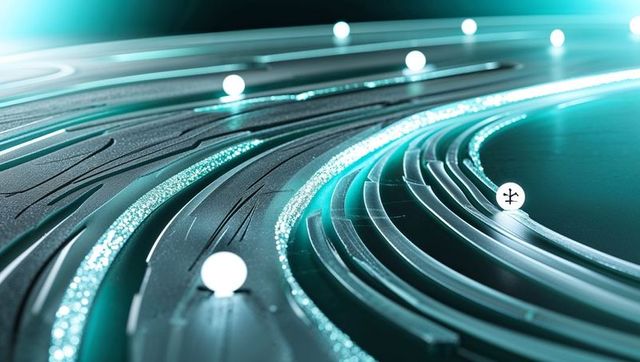 Abstract Futuristic Tracks with Glowing Spheres on Metallic Surface