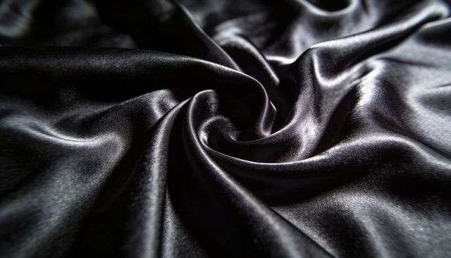 Black satin spiral fold with glossy sheen close-up elegant luxury fabric texture background