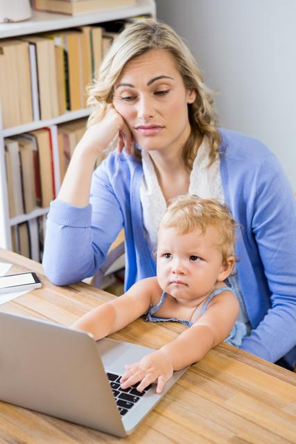 Stressed Mother with Baby Using Laptop at Home Office - Download Free Stock Photos Pikwizard.com