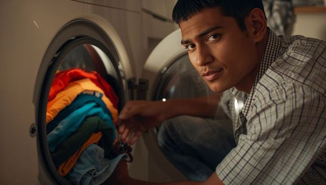 Indian man loading colorful laundry into front-load washer while crouching in cozy home