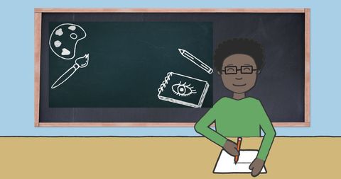 Schoolboy Taking Notes with Classroom Blackboard in Background - Download Free Stock Images Pikwizard.com
