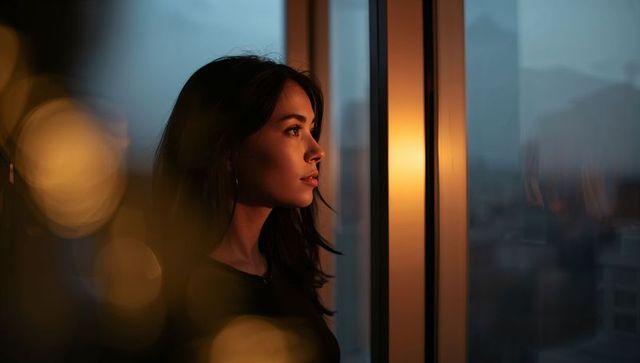 Woman gazing through window at dusk with warm bokeh city reflection cinematic portrait