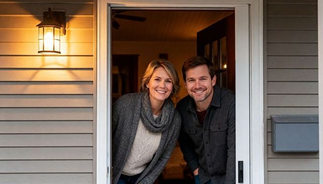 Smiling couple leaning in doorway under warm porch light, dusk homecoming