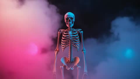Eerie Skeleton Amidst Vibrant Fog in Dim Light