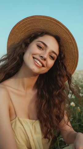 Smiling woman wearing straw hat blinking and turning head in daisy field vertical video