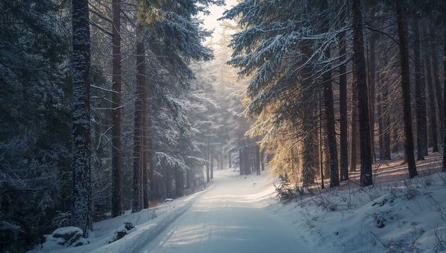 Sunlit snow trail winding through frosty pine forest at dawn