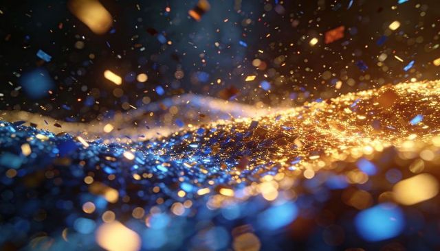 Blue-to-gold glitter wave with metallic confetti, intense bokeh sparkles and dynamic depth