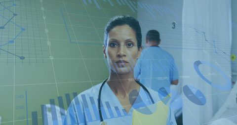 Smiling Female Doctor with Healthcare Data Graphics Overlay