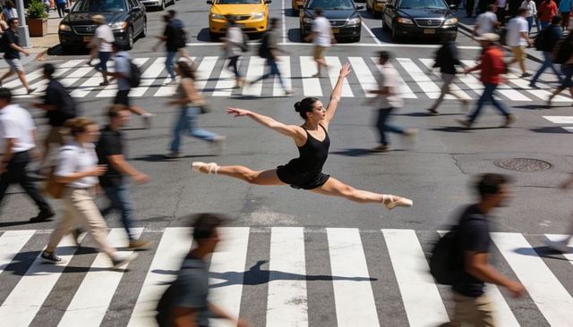 Ballet dancer leaping full split above busy urban crosswalk amid rushing pedestrians