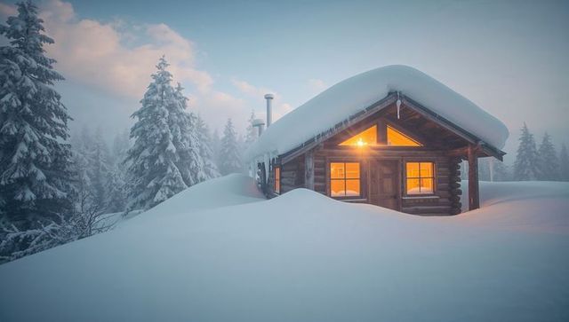 Cozy log cabin glowing warm light amid snow-covered pines in misty winter evening