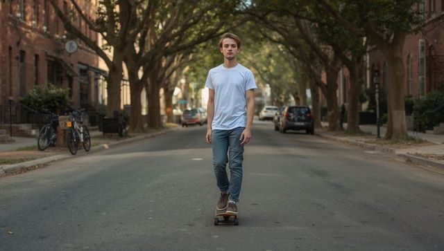 Young man skateboarding down tree-lined residential street with rowhouses and parked cars