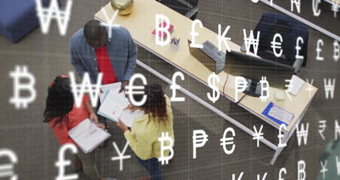 Diverse Team Collaborating in Office with Currency Data Overlay