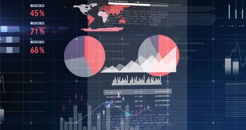 Dark Neon Data Dashboard Displaying Overlapping Donut Charts, Histograms and Metrics Grid