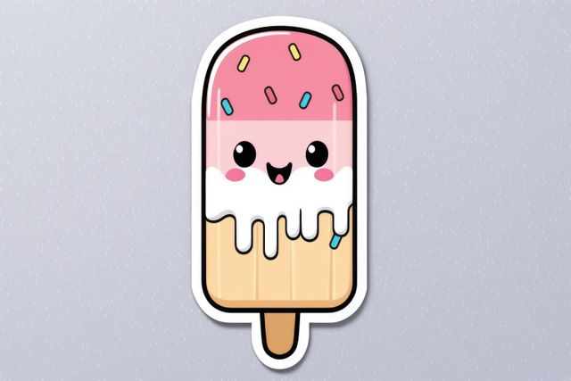 Composition of colorful kawaii cartoon ice-cream sticker on grey background. Stickers and pattern concept digitally generated image.
