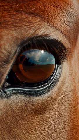 Closeup vertical video capturing horse eye reflecting farm landscape and shifting sun