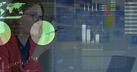 Businesswoman analyzing digital financial data and global trends