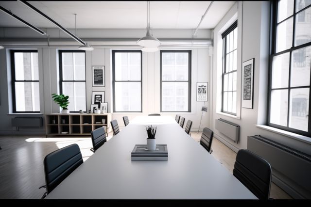Modern conference room featuring minimalist design, large windows, and professional furniture. Room is brightly lit with natural light, and includes sleek tables and chairs arranged for a meeting. Ideal for illustrating modern business environments, corporate meetings, professional gatherings, or office interior design trends.