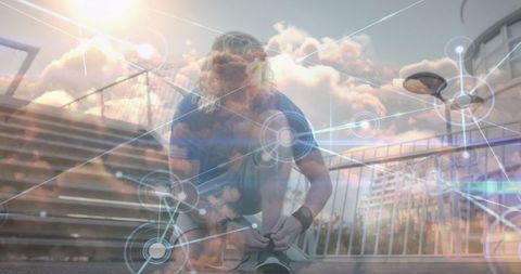 Runner Tying Shoelace with Network Connection Overlay