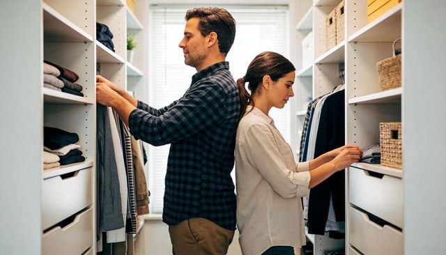 Couple organizing walk-in closet, sorting clothes on shelves for minimalist wardrobe