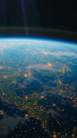 Shifting orbital camera revealing illuminated city network across night planet limb