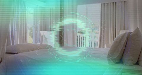 Centering double bed in modern bedroom showing teal hud overlay and soft lighting