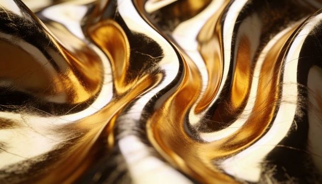Liquid gold waves abstract metallic surface macro glossy amber highlights and curves