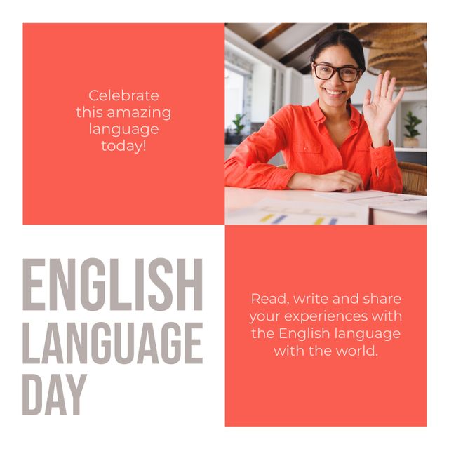 Happy woman celebrating English Language Day while smiling and looking at camera. Perfect for promoting events related to language learning, cultural diversity, international celebrations, communication skills, and educational workshops.