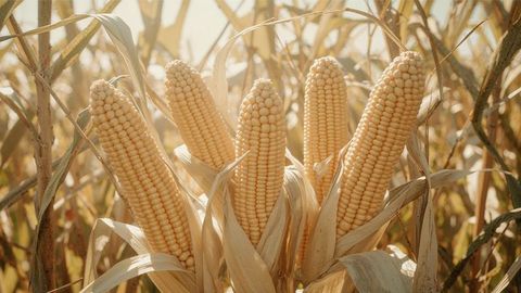 Sunlit Corn Ears in a Breezy Cornfield - Harvest Imagery Highlighting Raw Crop