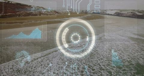 Futuristic HUD Overlaying Coastal Shoreline with Holographic Data and Surf Analytics