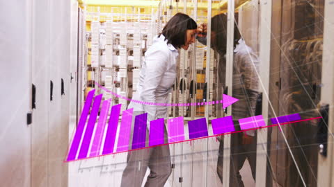 Stressed Female IT Technician in Server Room with Data Graph Overlay