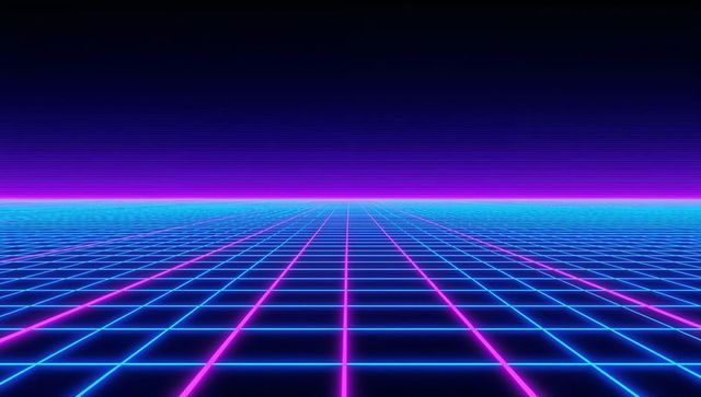 Futuristic Neon Landscape with Digital Grid Creating Deep Perspective