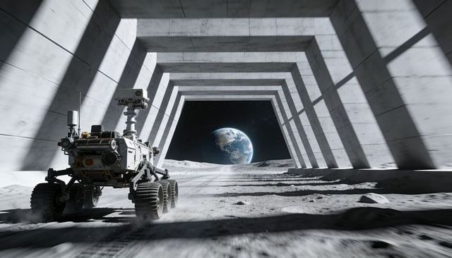 Lunar exploration rover 6x6 driving through massive concrete archway with earthrise view