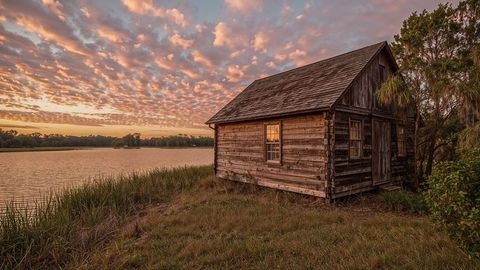 Rustic Cabin by Serene Lakeshore at Sunset with Vibrant Sky