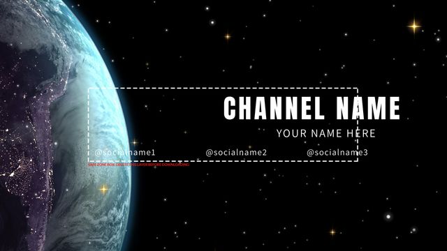 Cosmic-themed banner featuring Earth from space with customizable text slots, including your channel name and social media handles. Ideal for science, gaming, and tech enthusiasts looking to enhance their social profiles on platforms like Twitter, YouTube, and Facebook. Perfect for branding, this vibrant design captures attention and conveys a futuristic and innovative feel. Suitable for streamers, educators, and influencers aiming for a visually appealing and professional presence online.