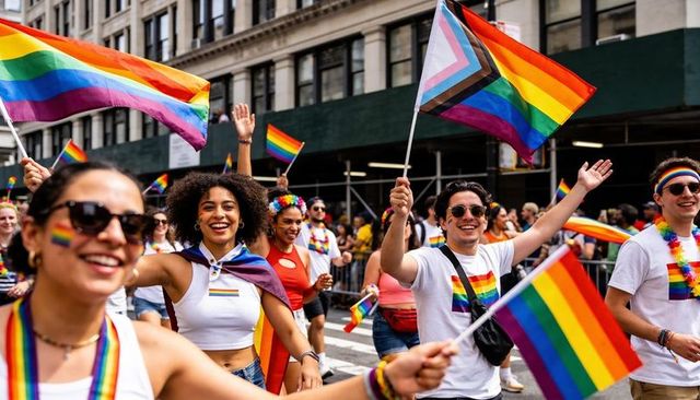 Marching pride parade crowd waving rainbow and progress pride flags on sunny city street