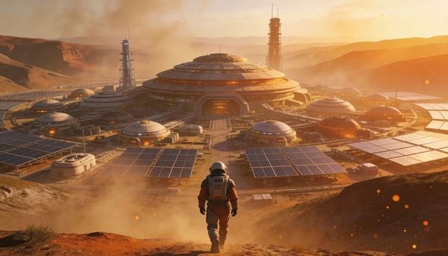 Astronaut Exploring Futuristic Solar-Powered Dome Colony on Red Desert Planet at Sunset