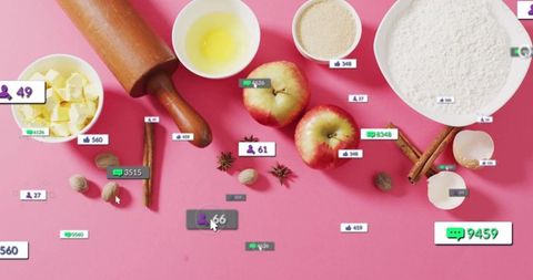 Flat-lay of baking ingredients with digital overlays on pink background