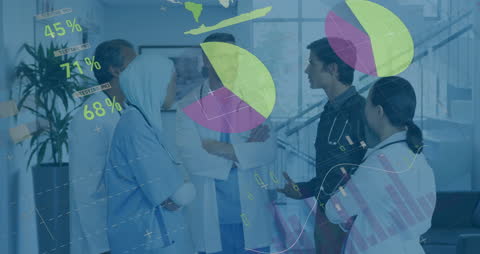 Animated Financial Graphs Overlaying Medical Team Discussion
