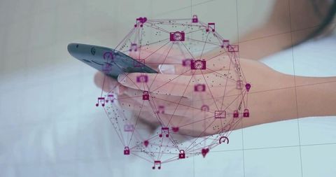 Hands holding smartphone tapping on white bedding with translucent magenta network sphere