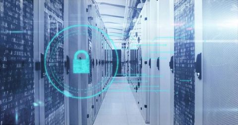 Futuristic Data Center with Holographic Security Display