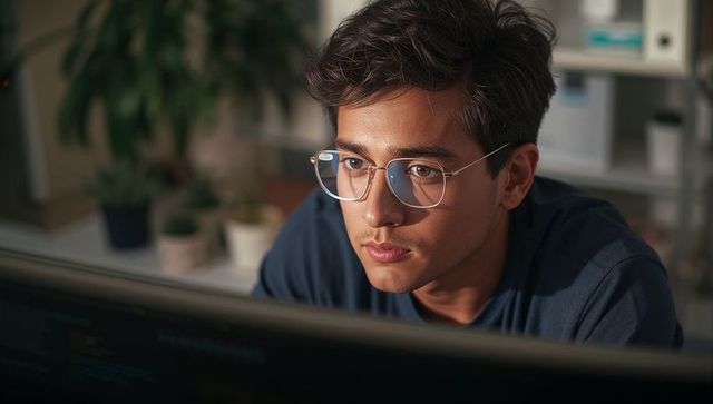 Focused asian software developer coding at home desk wearing glasses warm ambient light