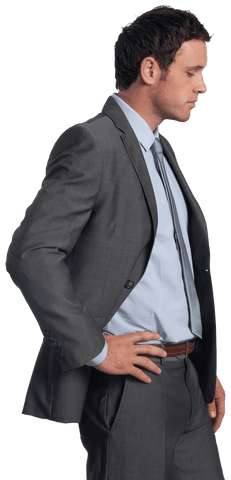 Transparent Businessman Standing with Hand on Hip in Thoughtful Pose