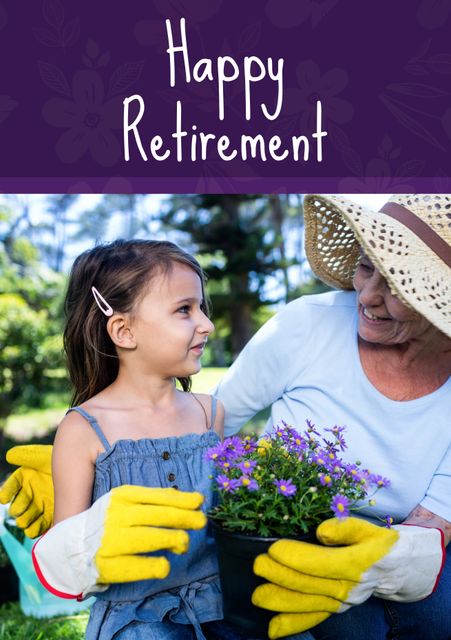 This visual represents the joy of retirement and starting new chapters with family. Perfect for use in invitations, retirement cards, or ads promoting gardening products and senior activities.