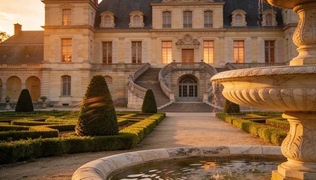 Sunlit fountain spilling over parterre before limestone mansion with curved double staircase