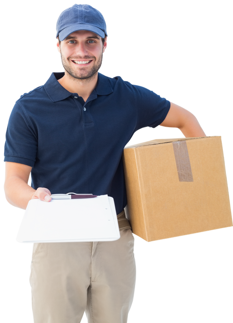 Smiling Courier Holding Box and Clipboard on Transparent Background - Download Free Stock Videos Pikwizard.com